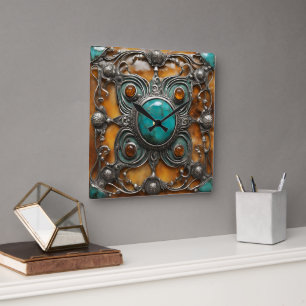 Ornamental Fire Jewel with Verdigris & Silver Lace Square Wall Clock