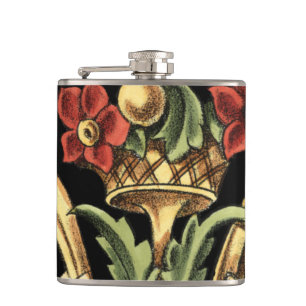 Ornamental Floral Design with Black Borders Hip Flask