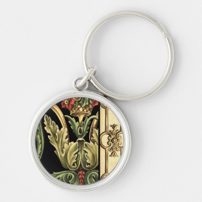 Ornamental Floral Design with Black Borders Key Ring (Front)