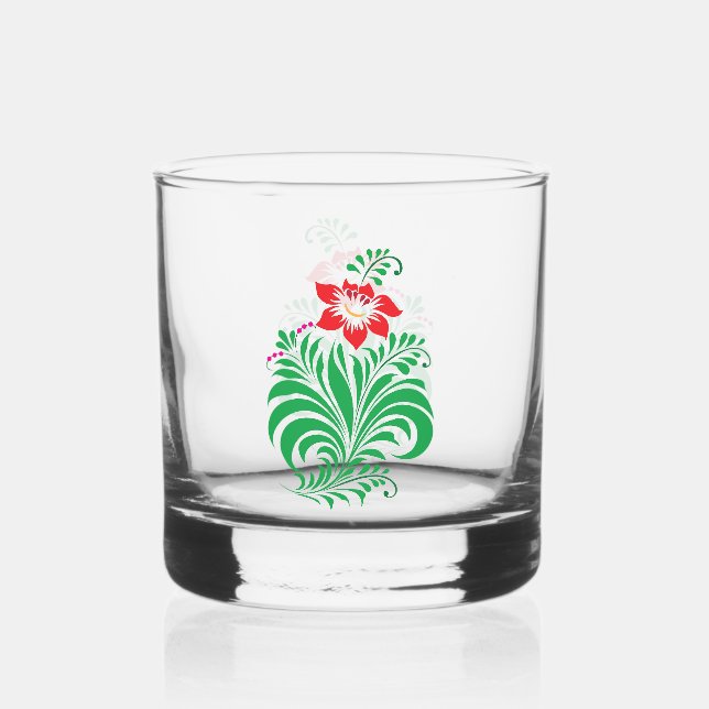 Ornamental Floral Flower Design – Elegant Whiskey Glass (Front)