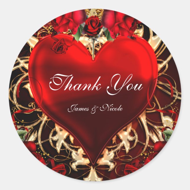 Ornamental Floral Heart Black Red & Gold Gothic Classic Round Sticker (Front)