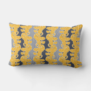 Ornamental, floral, leaves, yellow, white, blue lumbar cushion