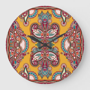 Ornamental Floral Paisley: Traditional Bandanna Large Clock