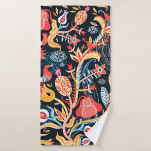 ornamental floral pattern with birds on a dark bac bath towel