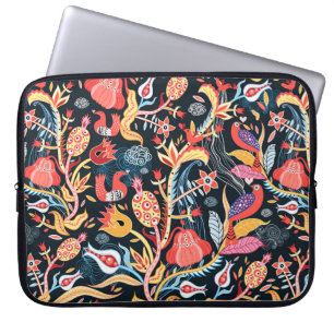 ornamental floral pattern with birds on a dark bac laptop sleeve