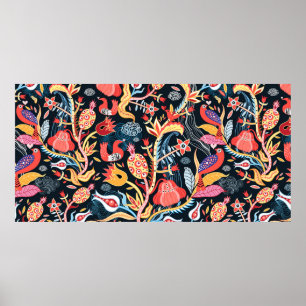 ornamental floral pattern with birds on a dark bac poster