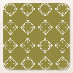 Ornamental Flourish Tile Olive Green Square Paper Coaster
