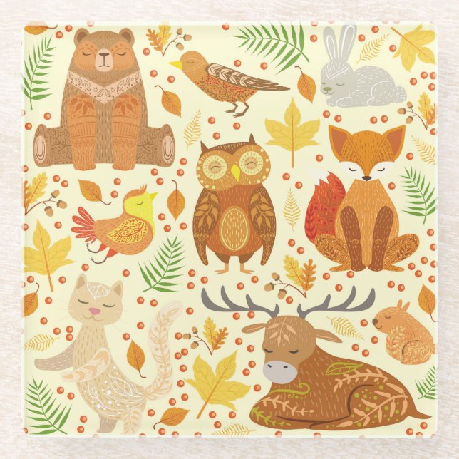 Ornamental forest animals illustration. glass coaster (Front)
