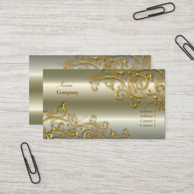 Ornamental/Gilded gold swirls/faux brushed nickle Business Card (Front/Back In Situ)