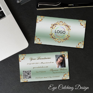 Ornamental Gold Decor Green Logo Photo and QR Code Business Card