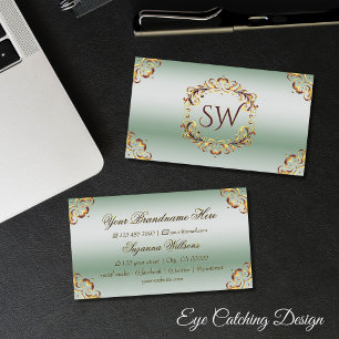 Ornamental Gold Decor Green Monogram Sophisticated Business Card