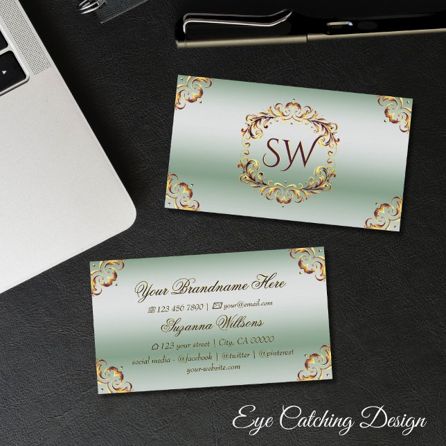 Ornamental Gold Decor Green Monogram Sophisticated Business Card (Creator Uploaded)