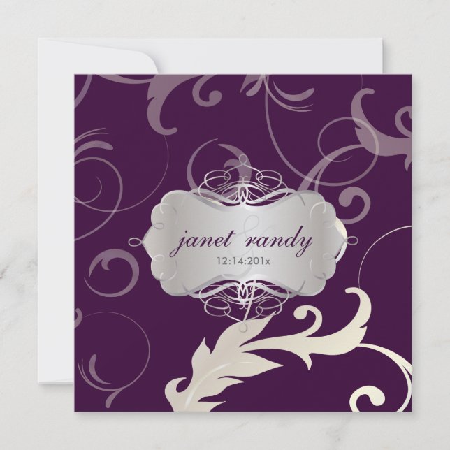 Ornamental Leaves+Plum Swirls, Wedding Invitations (Front)