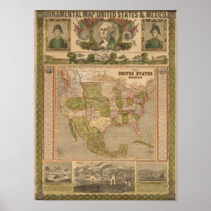 Ornamental Map of The United States and Mexico Poster
