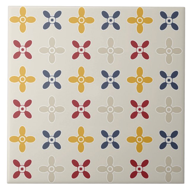 Ornamental pattern flowers, beige, navy blue ceramic tile (Front)