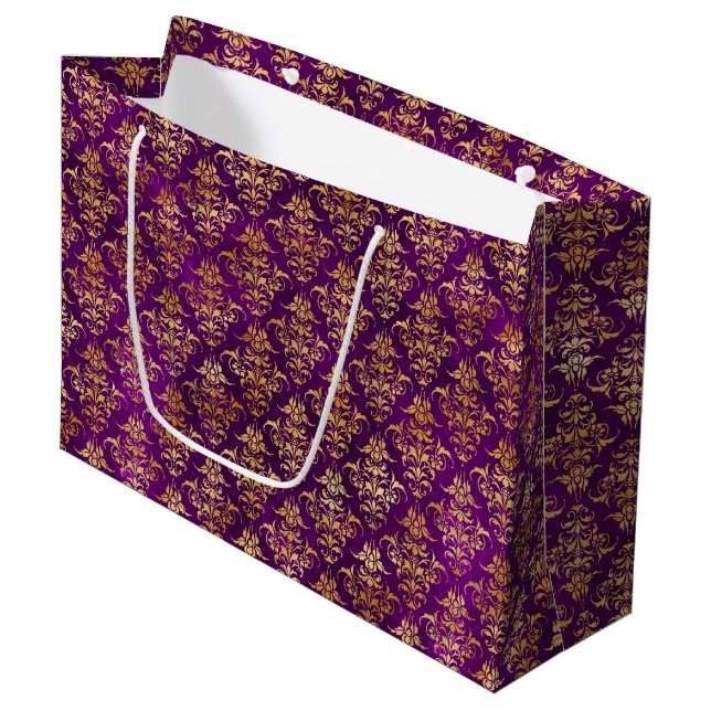 Ornamental Purple & Gold Damask Pattern Large Gift Bag (Front Angled)