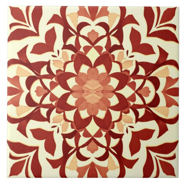 Ornamental Red Flower & Leaf Motif Ceramic Tile (Front)