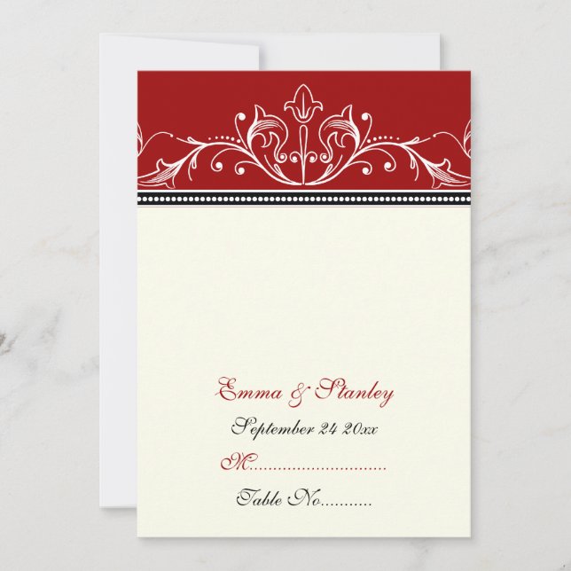 Ornamental red white wedding place card (Front)