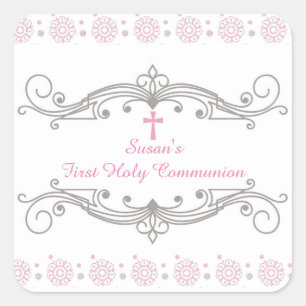 Ornamental Scroll with Flowers, Pink Cross Square Sticker