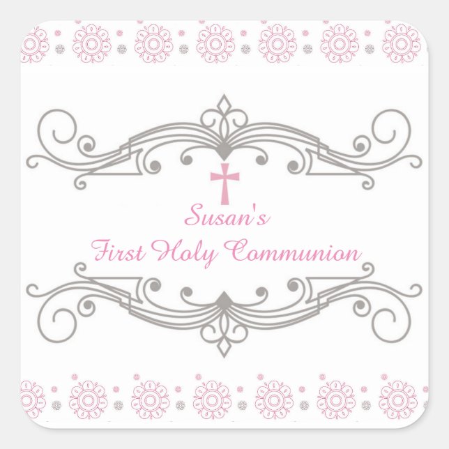 Ornamental Scroll with Flowers, Pink Cross Square Sticker (Front)