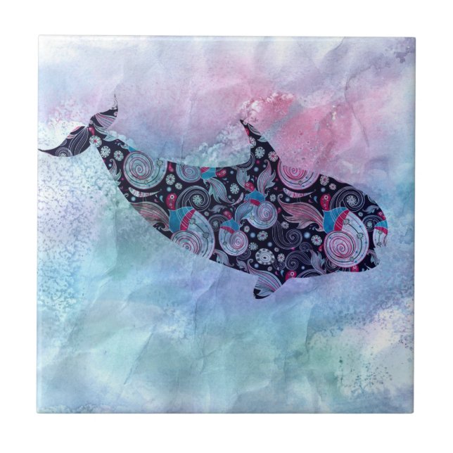 Ornamental Silhouette Whale Ceramic Tile (Front)