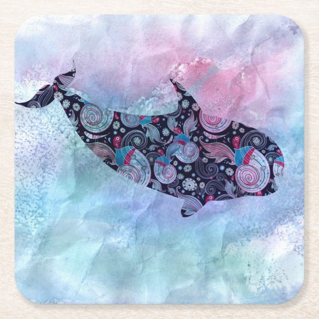 Ornamental Silhouette Whale Square Paper Coaster (Front)