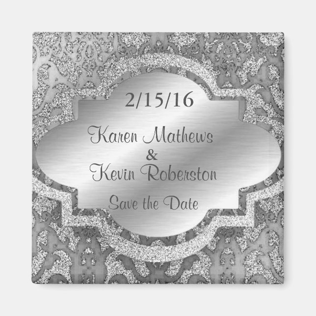 Ornamental Silver Glitter Save the Date Magnet (Front)