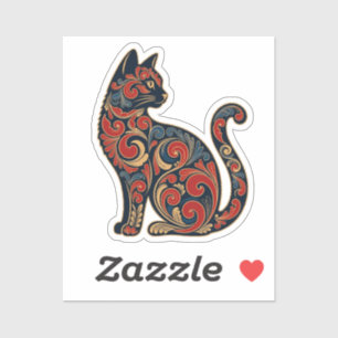  Ornamental Sitting Cat Sticker - Black with Red &