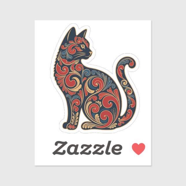  Ornamental Sitting Cat Sticker - Black with Red & (Sheet)