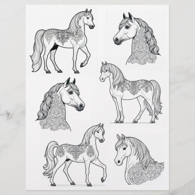 Ornamental Tattooed Horses B&W Line-Art (Front)
