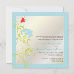 Ornamental vine/aqua blue/green /grey invitation