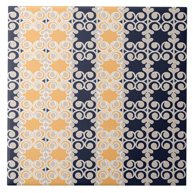 Ornamental, vines, lines, pattern, navy blue, ochr ceramic tile (Front)