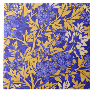 Ornamental vivid blue and golden yellow ceramic tile