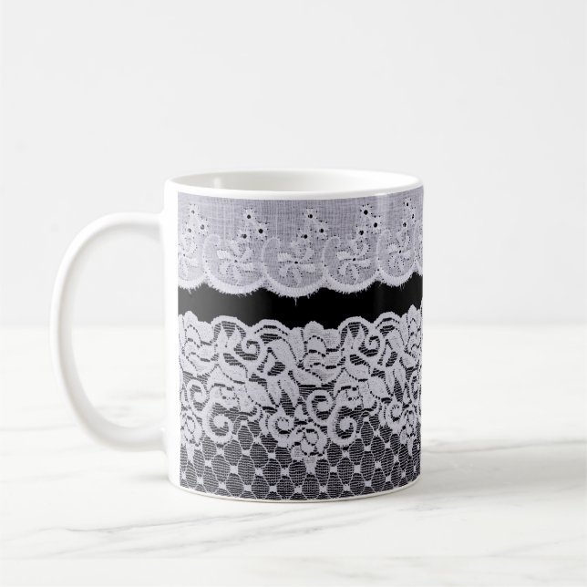 Ornamental white lace, isolated black background. coffee mug (Left)