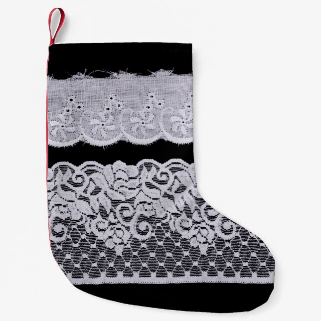 Ornamental white lace, isolated black background. small christmas stocking (Front)