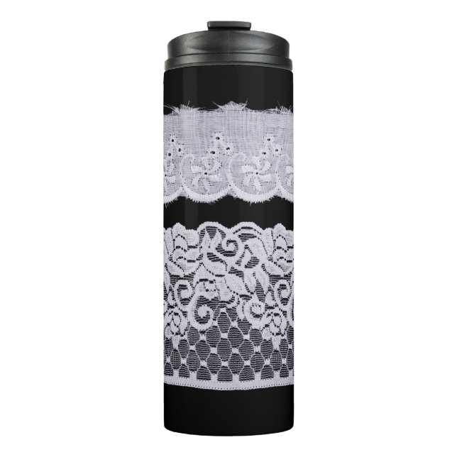 Ornamental white lace, isolated black background. thermal tumbler (Front)