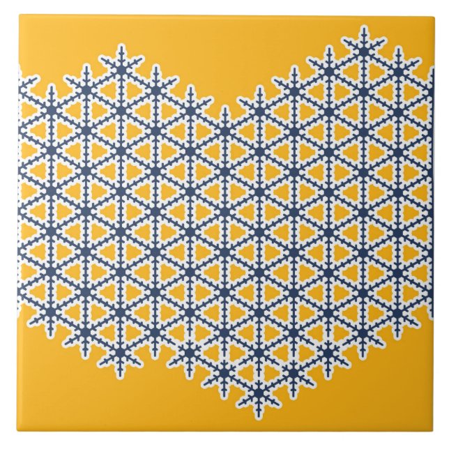 Ornamental, yellow, navy blue, white, pattern ceramic tile (Front)