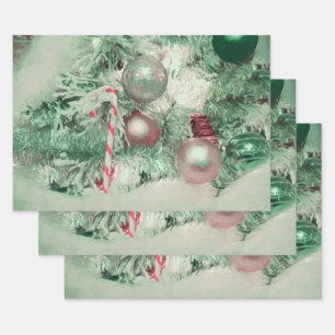 Ornaments Christmas Green Pink Holiday Tree Wrapping Paper Sheet