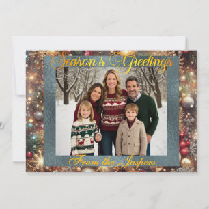 Ornaments, Gold Script & Framed Photo - Silver Holiday Card