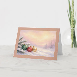 Ornaments in Snow at Sunset Christmas Card
