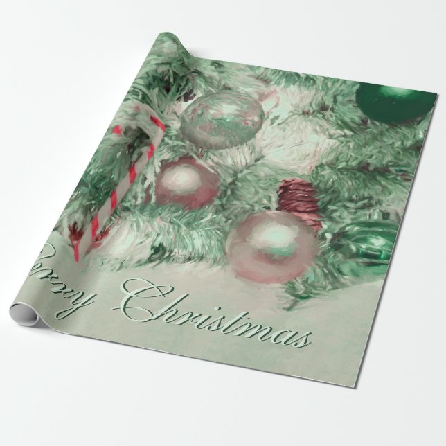 Ornaments Merry Christmas Green Pink Holiday Tree Wrapping Paper (Unrolled)