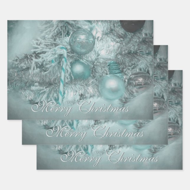 Ornaments Merry Christmas Teal Green Tree Holiday Wrapping Paper Sheet (Set)