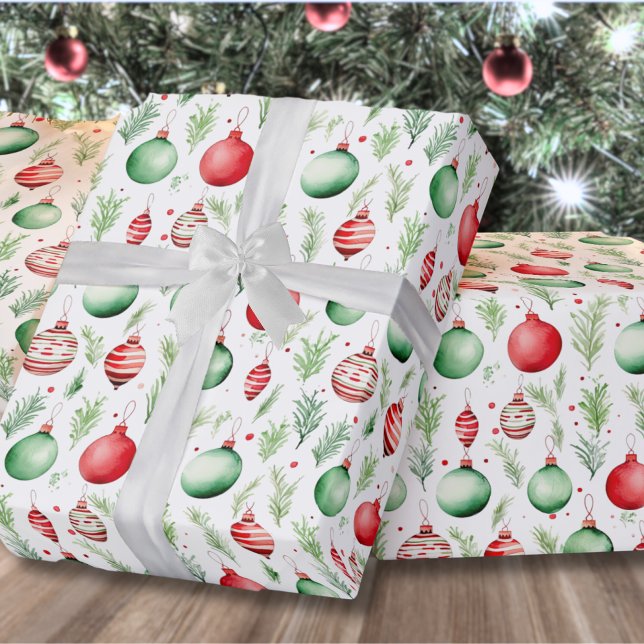 Ornaments Pattern Christmas Wrapping Paper (Cute Festive Holiday Greenery Ornaments Christmas Wrapping Paper)