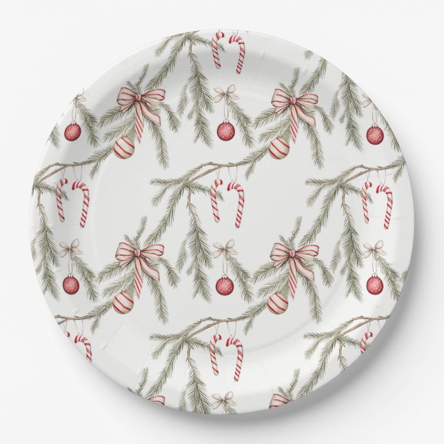 Ornaments Pine Candy Canes Festive Christmas Paper Plate (Front)