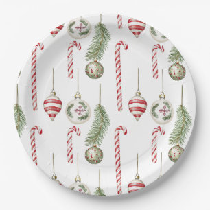 Ornaments Pine Candy Canes Festive Christmas Paper Plate