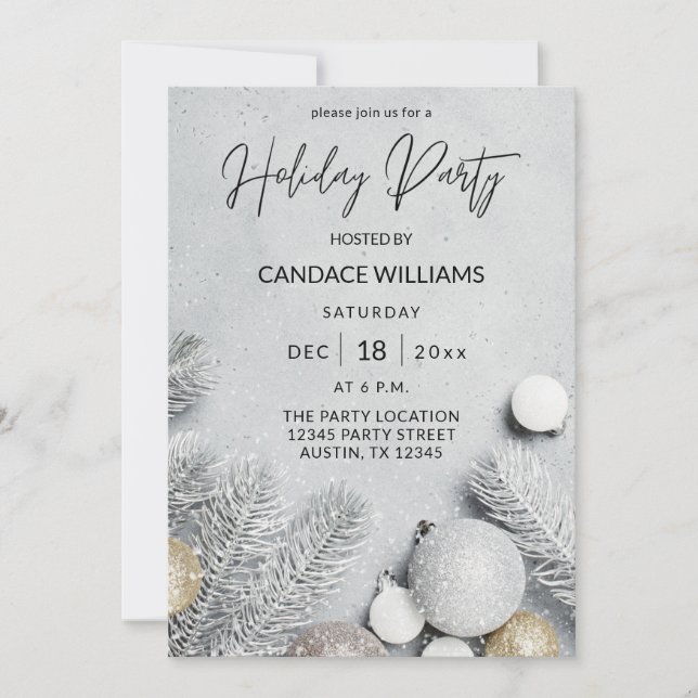 Ornaments & Pine Leaves Holiday Party Invitation (Front)