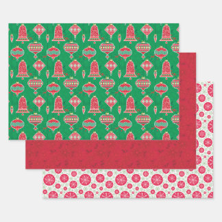 Ornaments Poinsettias Snowflake Dots Christmas Wrapping Paper Sheet