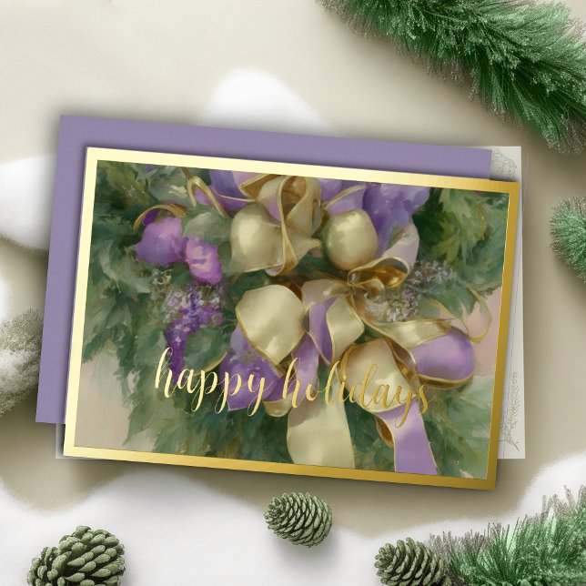 Ornaments Satin Ribbon Evergreen Lavender Gold Foil Holiday Card (Creator Uploaded)