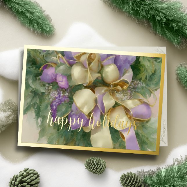 Ornaments Satin Ribbon Evergreen Lavender Holiday Card (Creator Uploaded)