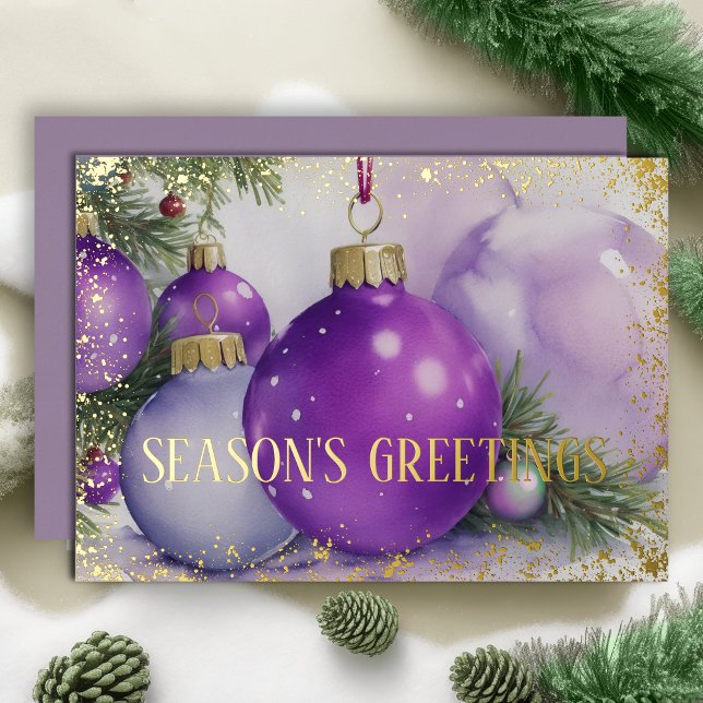 Ornaments Satin Ribbon Evergreen Purple Gold Foil Holiday Card (Creator Uploaded)